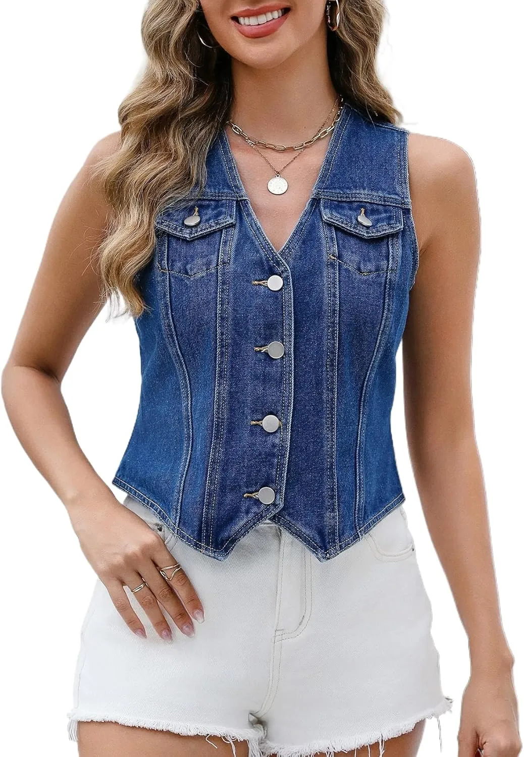 Ladyful Denim Vest Top for Women V Neck Jean Vest Waistcoat Button Down Sleeveless Crop Denim Top