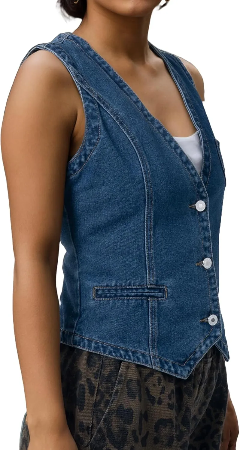 Ladyful Women's Denim Vest Top Sleeveless V Neck Jean Top Button Down Denim Waistcoat Vest