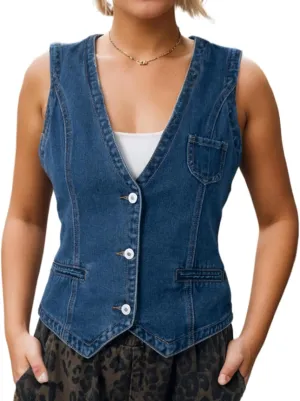 Ladyful Women's Denim Vest Top Sleeveless V Neck Jean Top Button Down Denim Waistcoat Vest