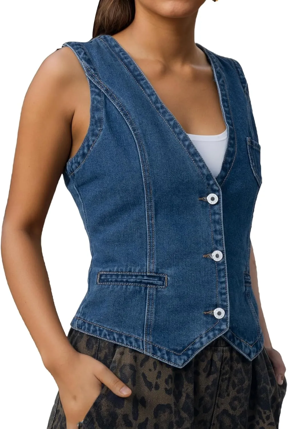 Ladyful Women's Denim Vest Top Sleeveless V Neck Jean Top Button Down Denim Waistcoat Vest