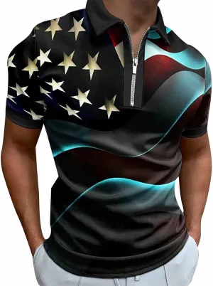 LCMTWX American Flag Short Sleeve Polo Shirt Men's Short Sleeve Zipper Polo Shirt Lapel Zipper 3D Digital Printing