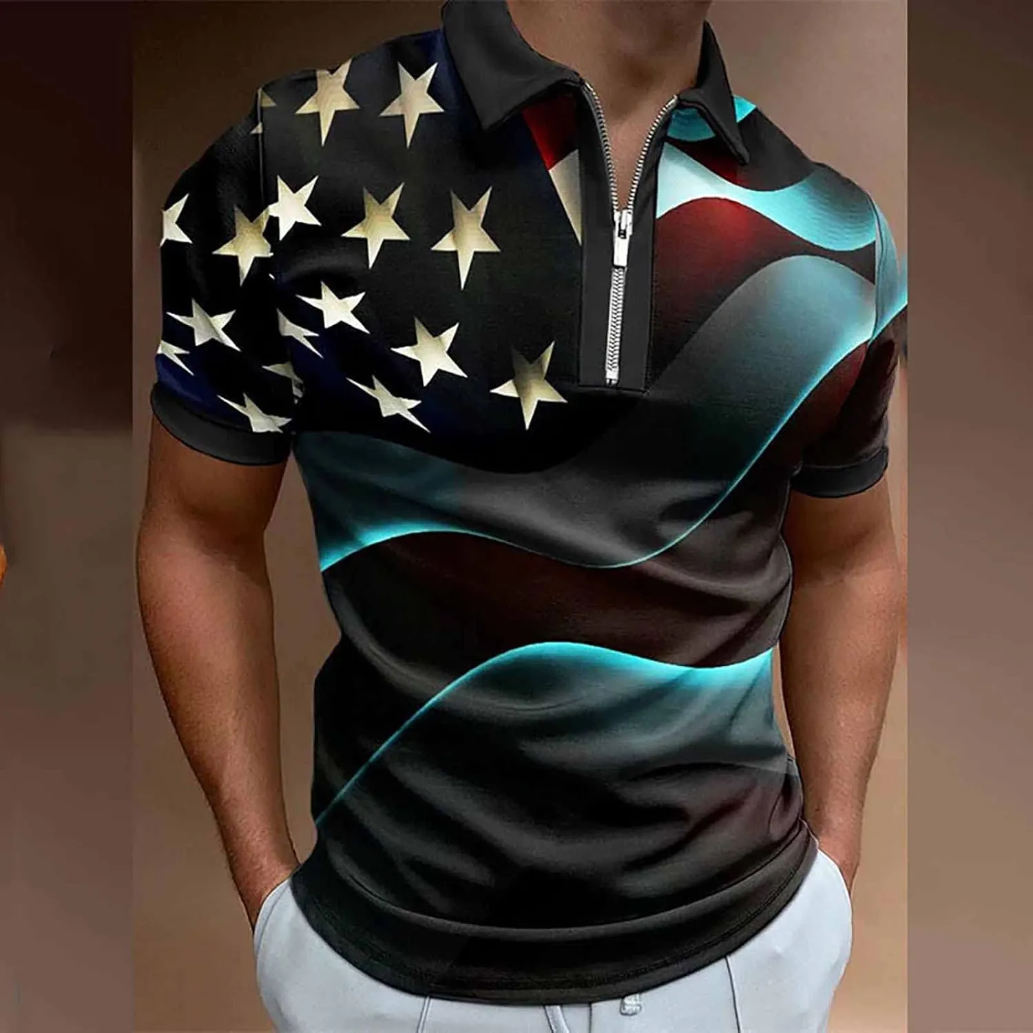 LCMTWX American Flag Short Sleeve Polo Shirt Men's Short Sleeve Zipper Polo Shirt Lapel Zipper 3D Digital Printing