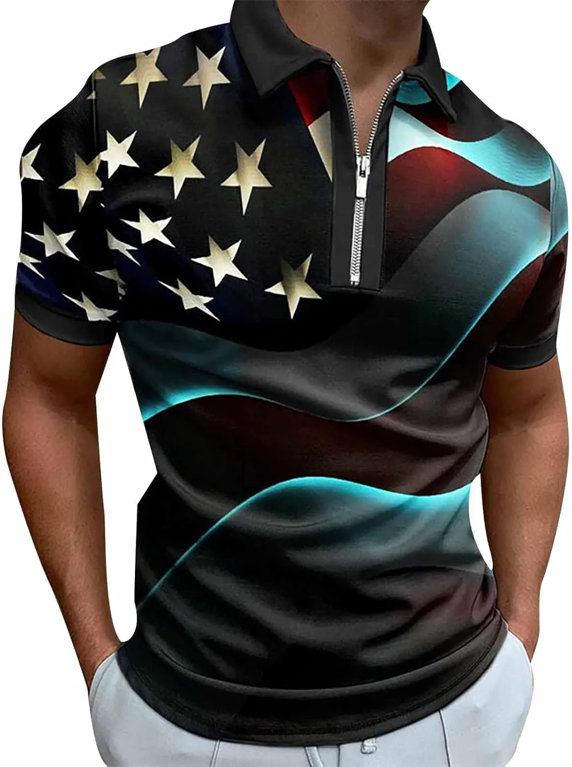 LCMTWX American Flag Short Sleeve Polo Shirt Men's Short Sleeve Zipper Polo Shirt Lapel Zipper 3D Digital Printing