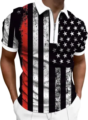 LCMTWX Men's Patriotic Golf Polo Shirt Men Polo Shirts 2024 Seaside Beach Holiday 3D Digital Printing Zipper Short Sleeve