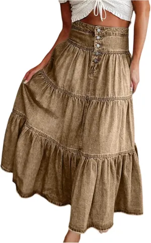 lcyhony Long Denim Skirt Women Flowy Tiered Button Down High Waisted Jean Skirt Loose Casual Summer Maxi Skirts with Pockets