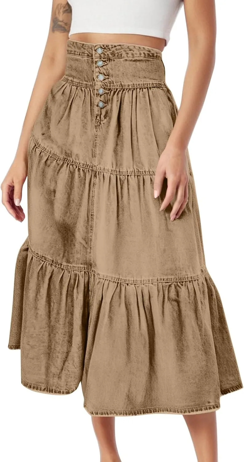 lcyhony Long Denim Skirt Women Flowy Tiered Button Down High Waisted Jean Skirt Loose Casual Summer Maxi Skirts with Pockets