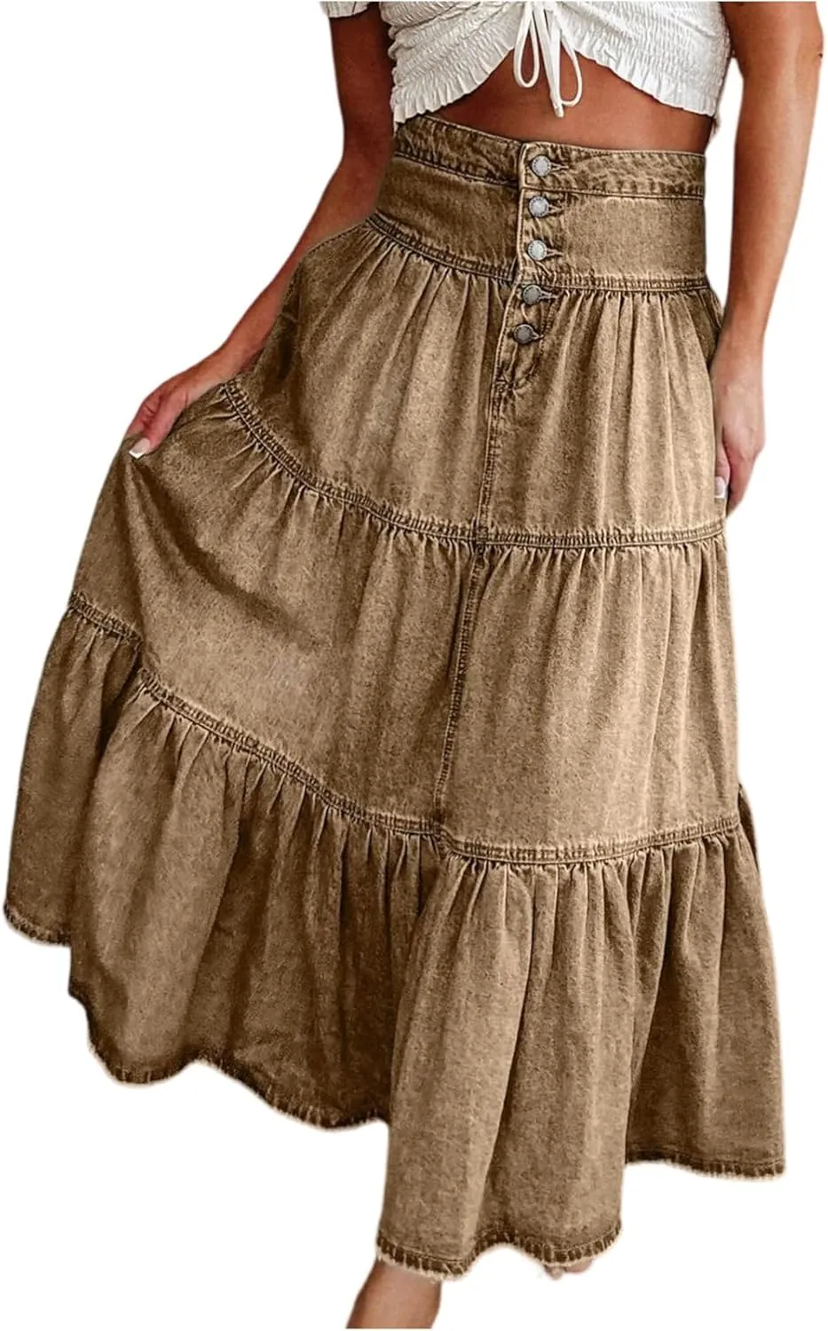lcyhony Long Denim Skirt Women Flowy Tiered Button Down High Waisted Jean Skirt Loose Casual Summer Maxi Skirts with Pockets