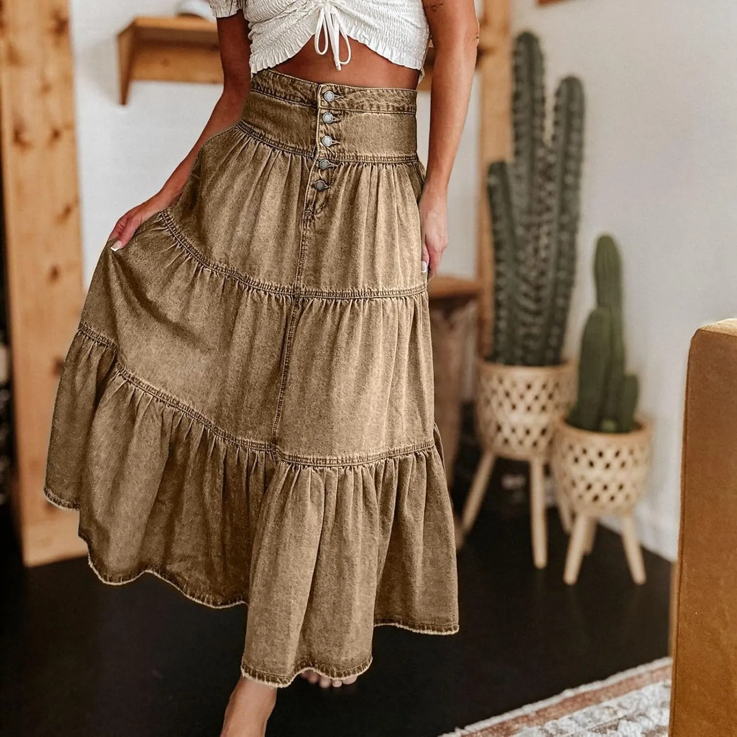 lcyhony Long Denim Skirt Women Flowy Tiered Button Down High Waisted Jean Skirt Loose Casual Summer Maxi Skirts with Pockets