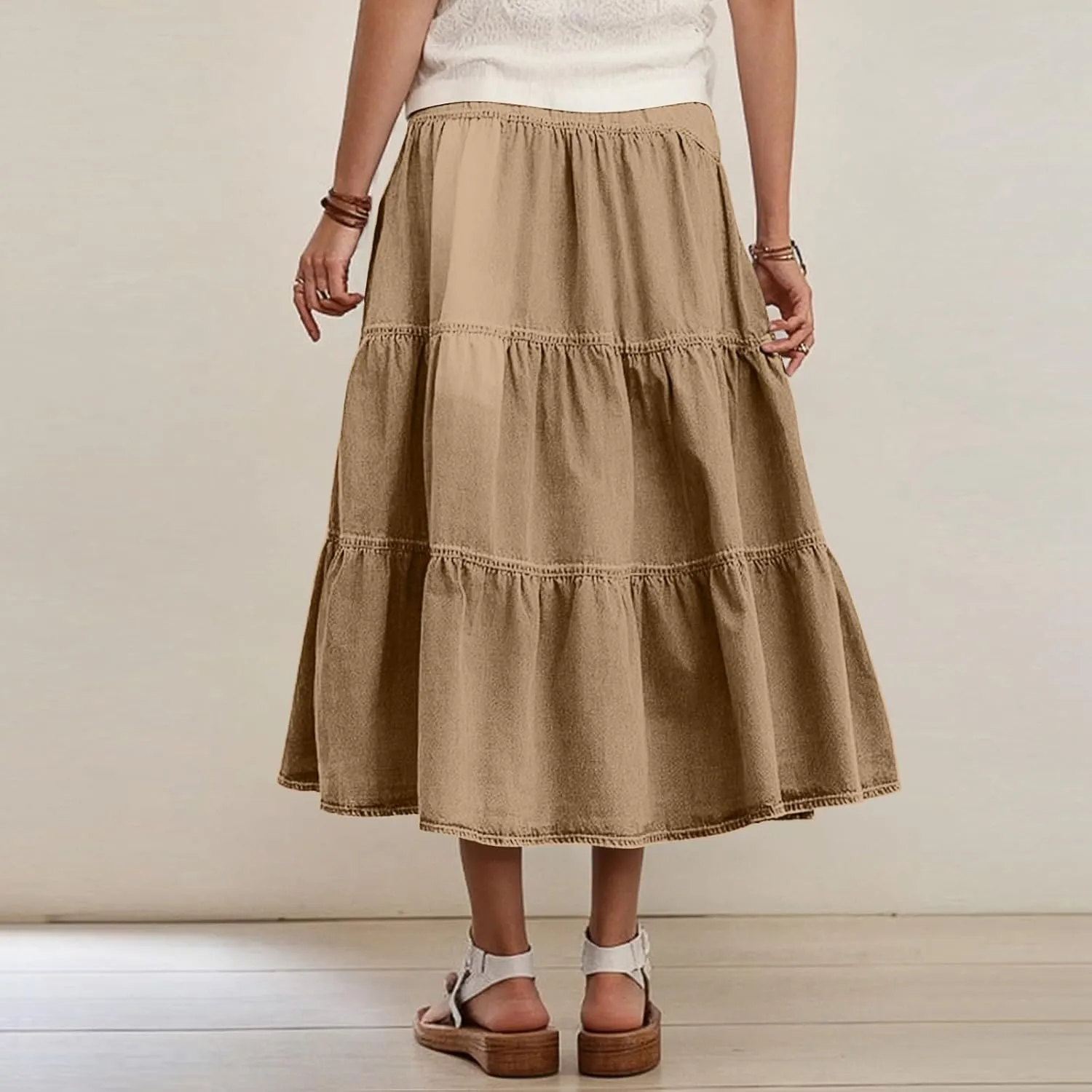 lcyhony Long Denim Skirt Women Flowy Tiered Button Down High Waisted Jean Skirt Loose Casual Summer Maxi Skirts with Pockets