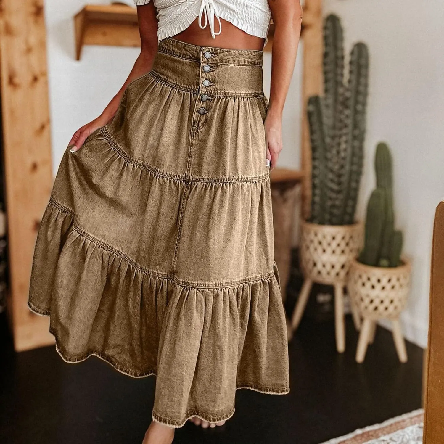 lcyhony Long Denim Skirt Women Flowy Tiered Button Down High Waisted Jean Skirt Loose Casual Summer Maxi Skirts with Pockets
