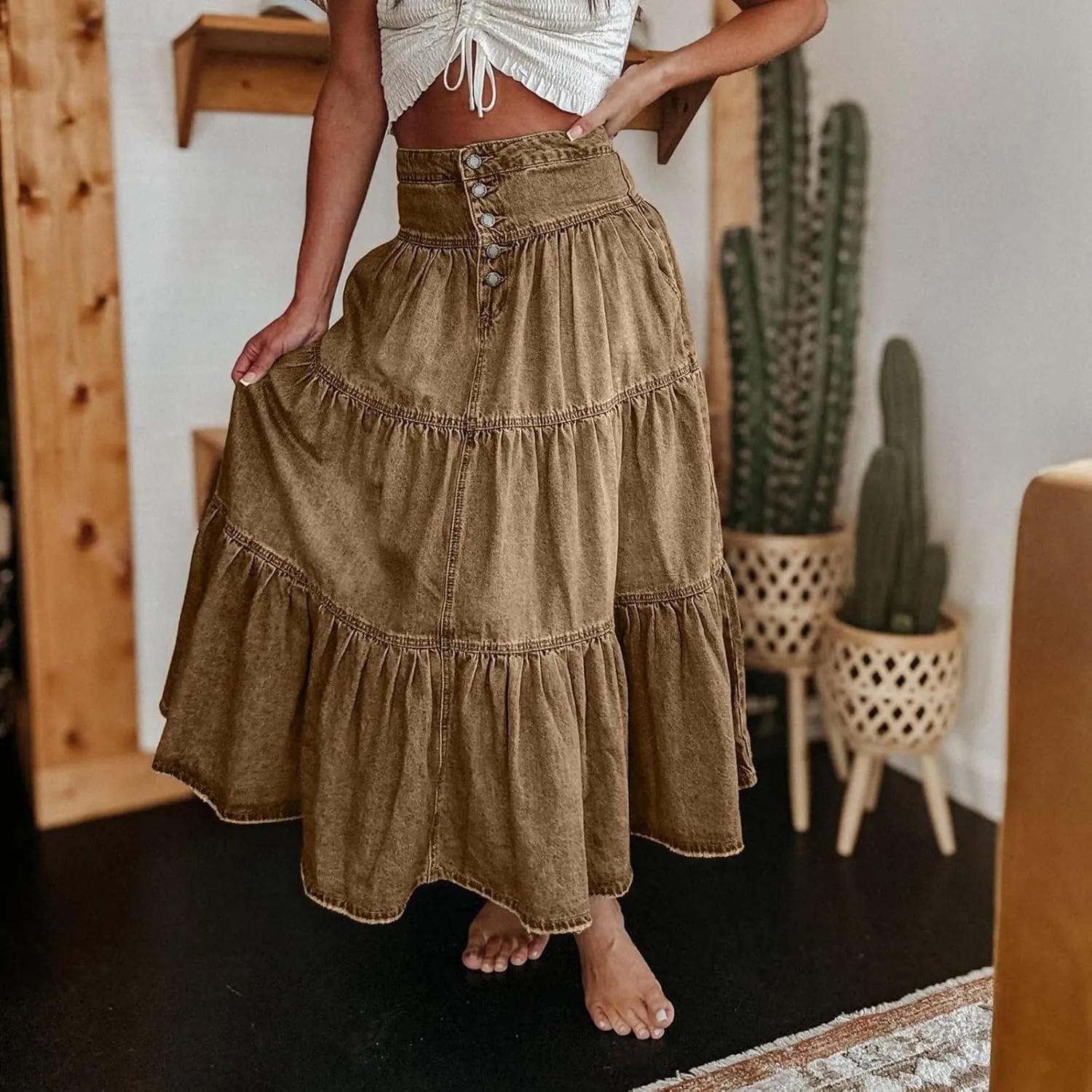 lcyhony Long Denim Skirt Women Flowy Tiered Button Down High Waisted Jean Skirt Loose Casual Summer Maxi Skirts with Pockets