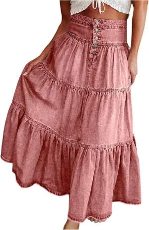 lcyhony Long Denim Skirt Women Flowy Tiered Button Down High Waisted Jean Skirt Loose Casual Summer Maxi Skirts with Pockets