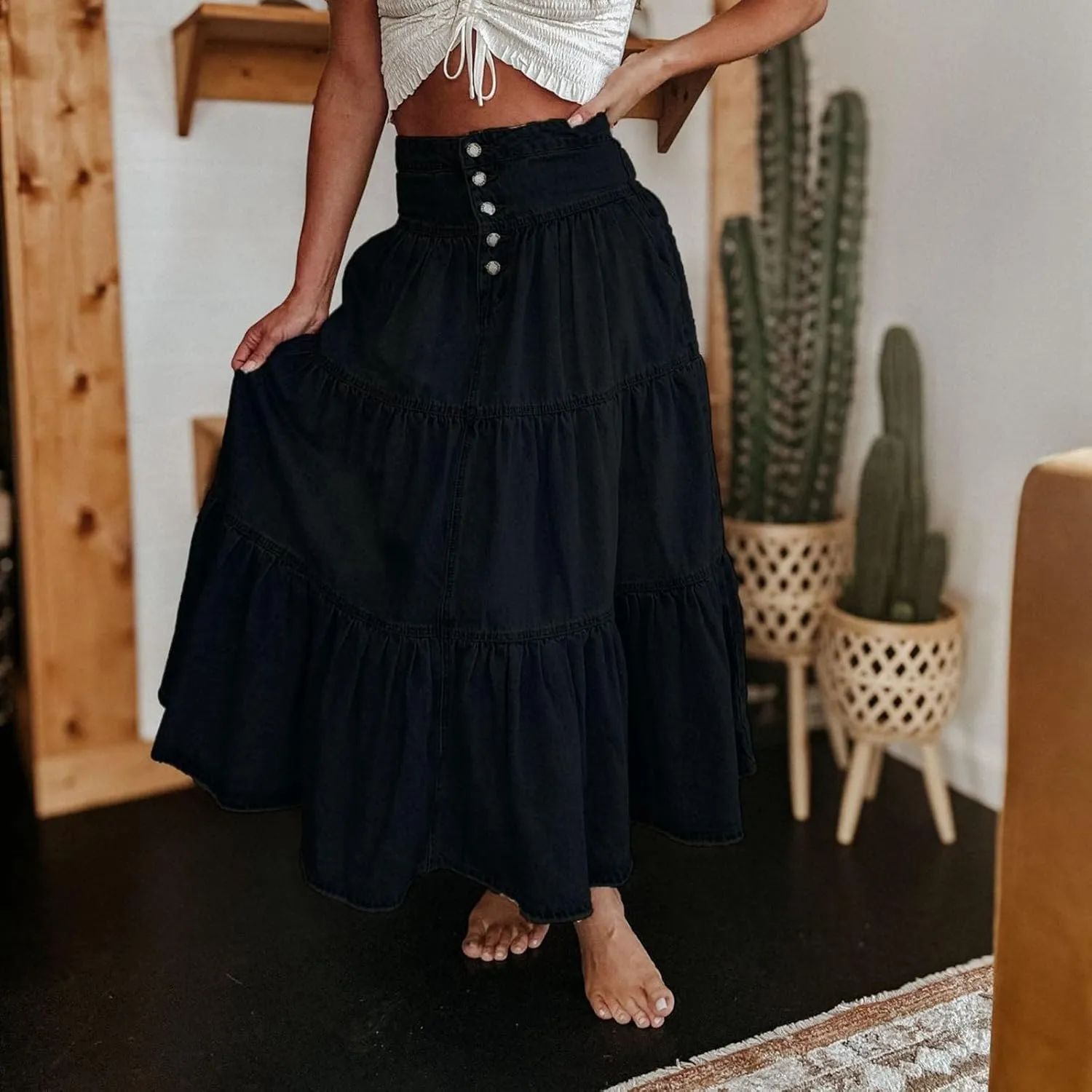 lcyhony Long Denim Skirt Women Flowy Tiered Button Down High Waisted Jean Skirt Loose Casual Summer Maxi Skirts with Pockets