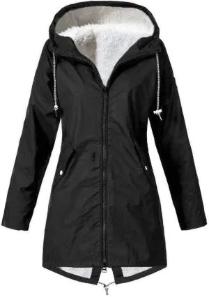 Long Hooded Raincoat Women Waterproof Long Hooded Trench Coat Fleece Lined Windbreaker Climbing Travel Outdoor Jacket