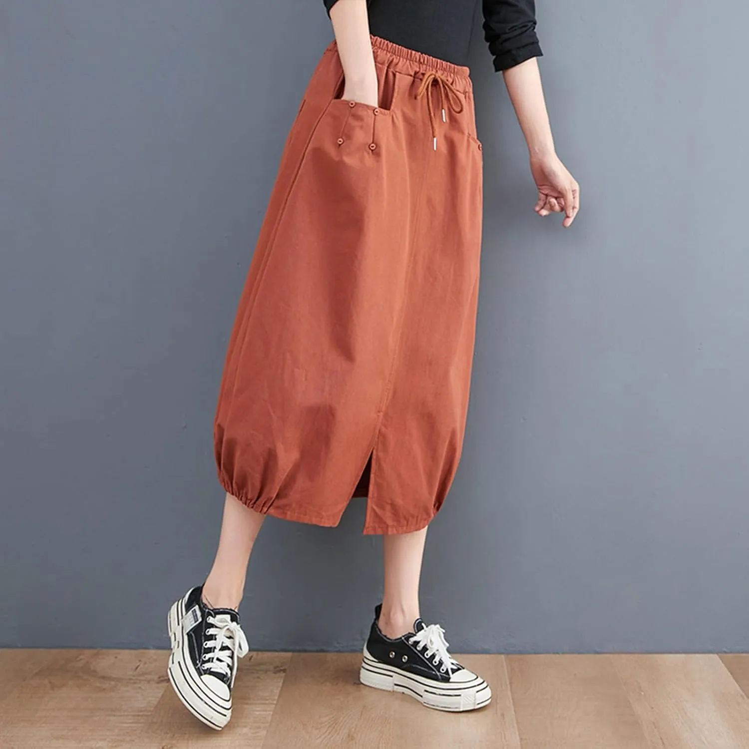 Long Skirts for Women Fall Casual Loose Fit High Waist Cargo Skirt Fashion Zipper A-Line Midi Skirts with Pockets