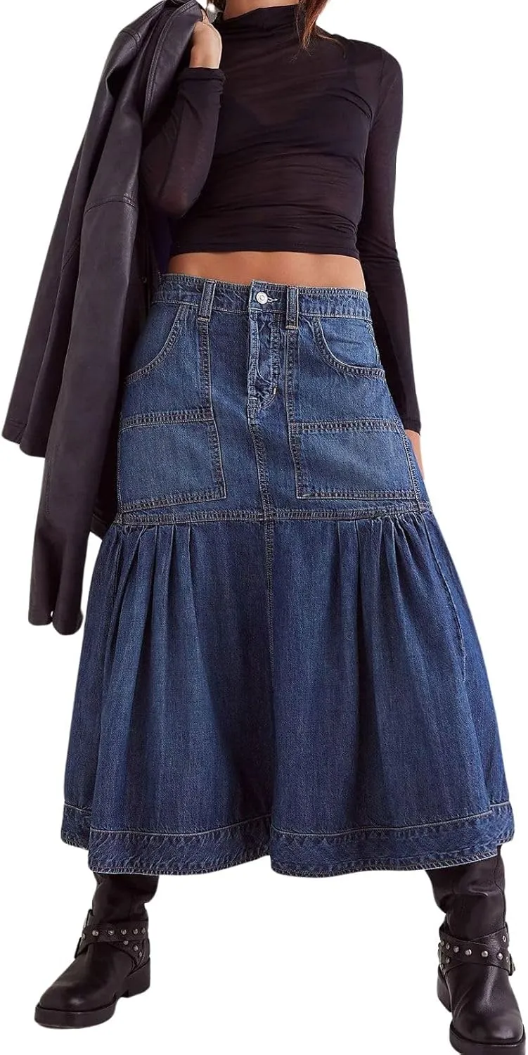 loveimgs Women Casual Pleated Denim Skirt High Waisted Ruffle Mid Long Jean Skirt Y2k A Line Midi Skirt Pockets