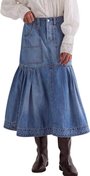 loveimgs Women Casual Pleated Denim Skirt High Waisted Ruffle Mid Long Jean Skirt Y2k A Line Midi Skirt Pockets