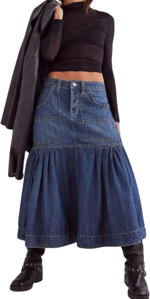 loveimgs Women Casual Pleated Denim Skirt High Waisted Ruffle Mid Long Jean Skirt Y2k A Line Midi Skirt Pockets