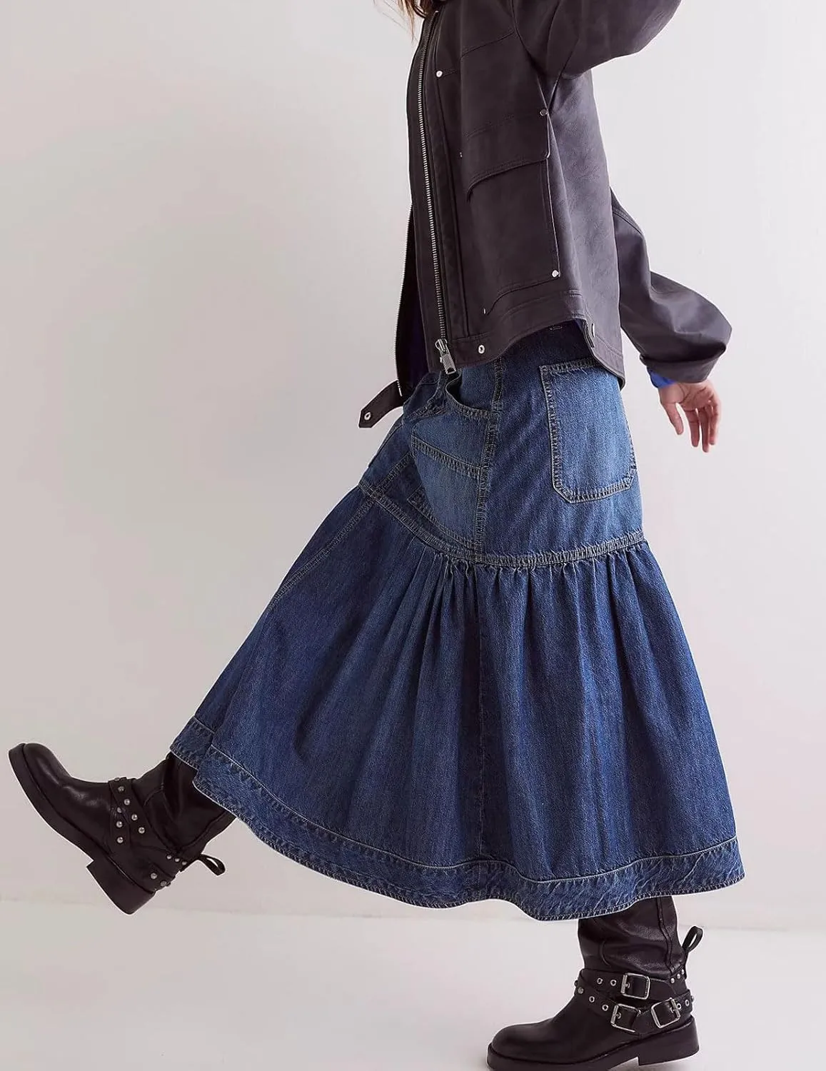 loveimgs Women Casual Pleated Denim Skirt High Waisted Ruffle Mid Long Jean Skirt Y2k A Line Midi Skirt Pockets