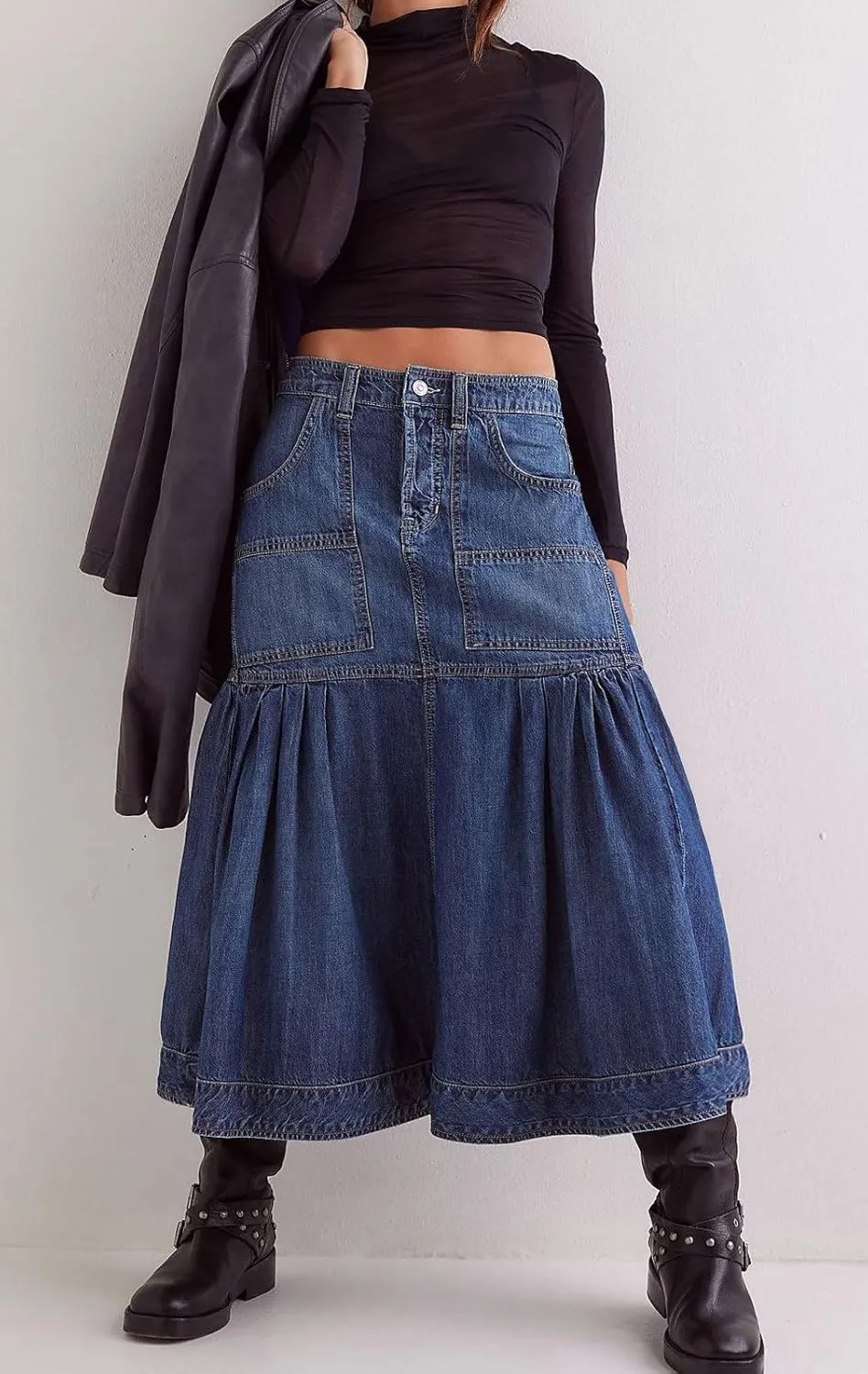 loveimgs Women Casual Pleated Denim Skirt High Waisted Ruffle Mid Long Jean Skirt Y2k A Line Midi Skirt Pockets