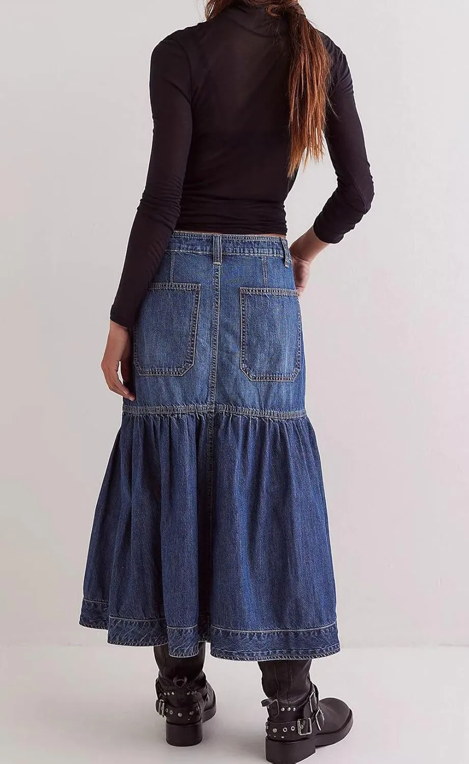 loveimgs Women Casual Pleated Denim Skirt High Waisted Ruffle Mid Long Jean Skirt Y2k A Line Midi Skirt Pockets