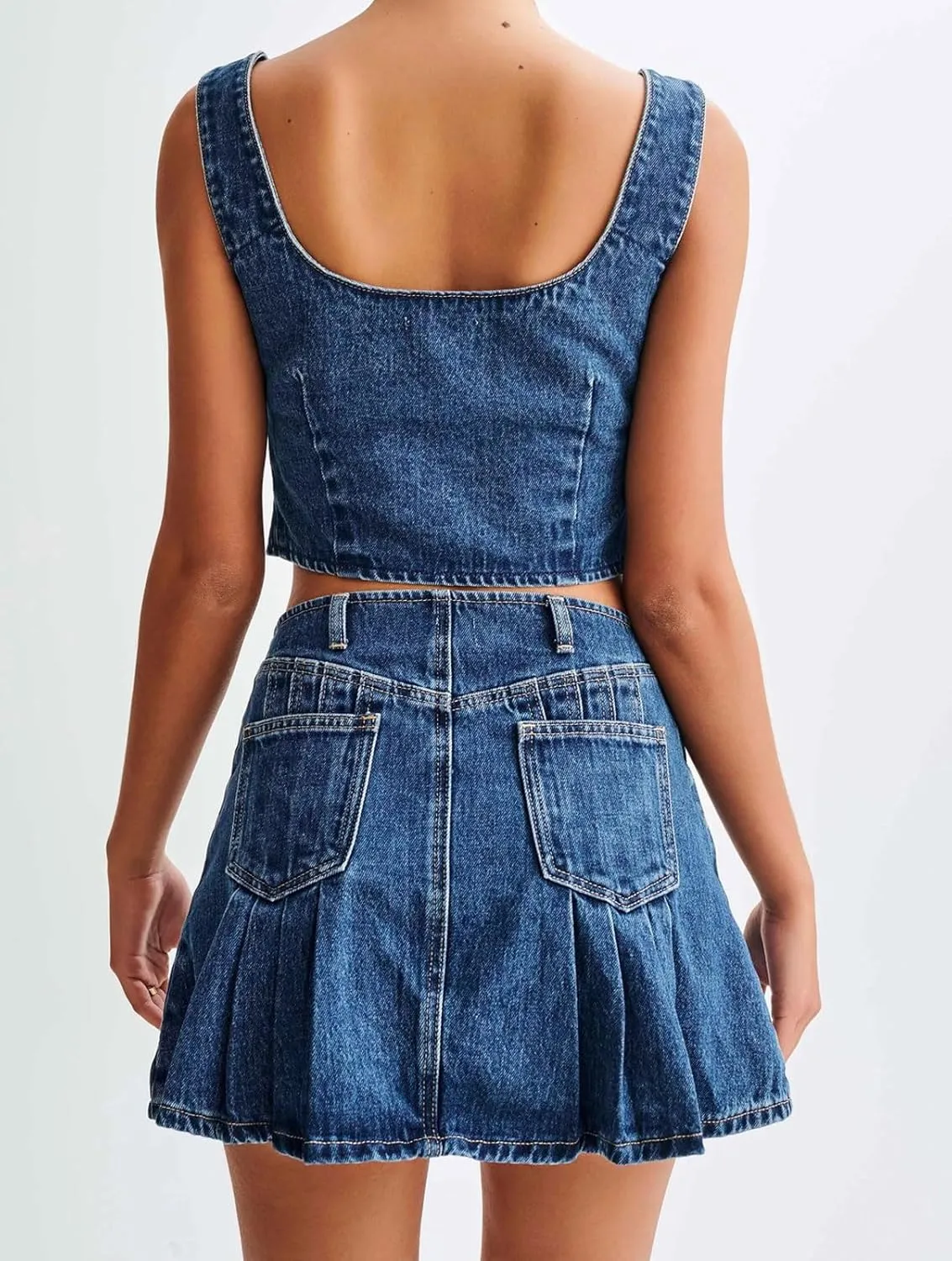 loveimgs Women Sexy 2 Piece Denim Skirt Set Summer Sleeveless Tie Front Denim Vest Tank Crop Top Pleated Mini Jean Skirt