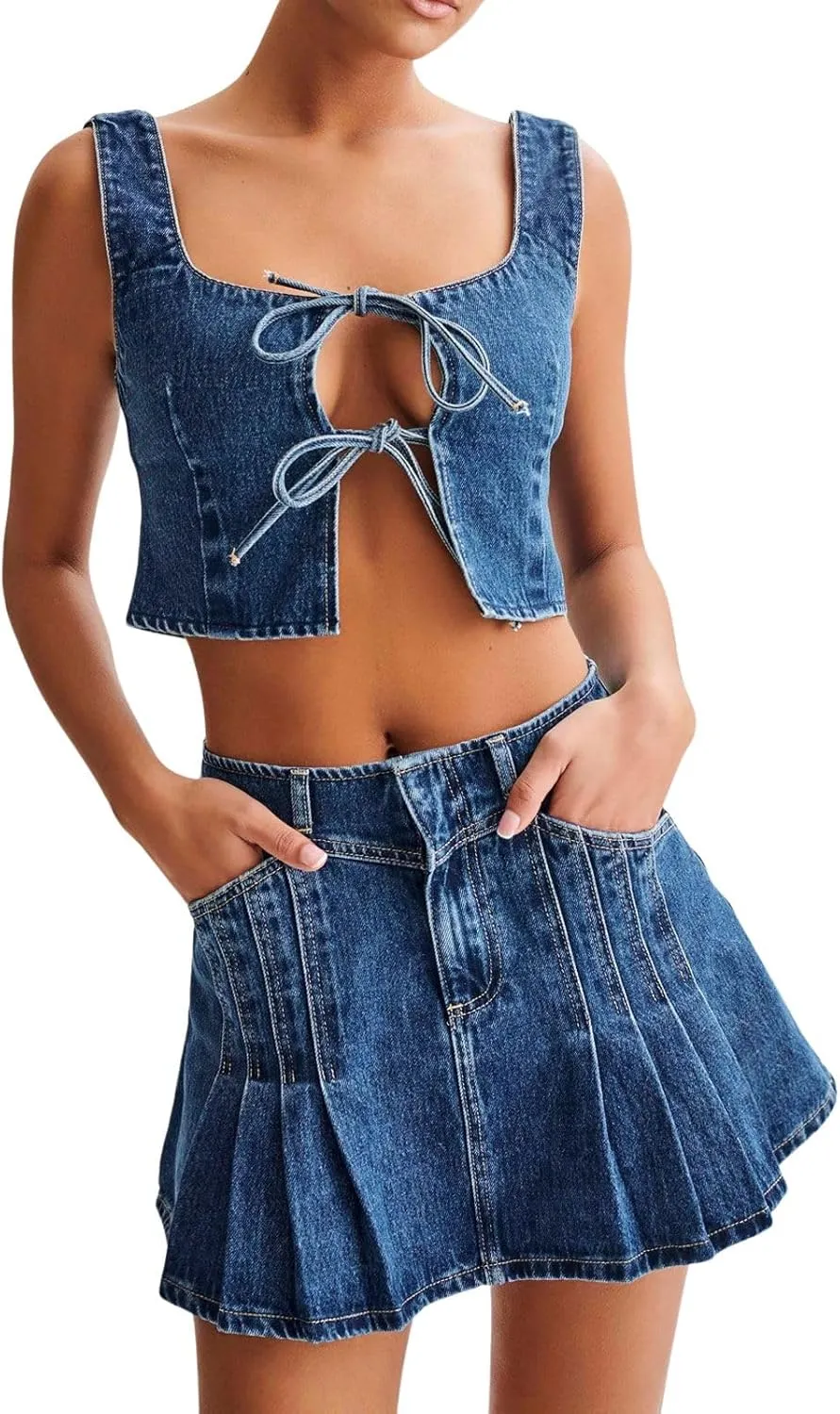 loveimgs Women Sexy 2 Piece Denim Skirt Set Summer Sleeveless Tie Front Denim Vest Tank Crop Top Pleated Mini Jean Skirt