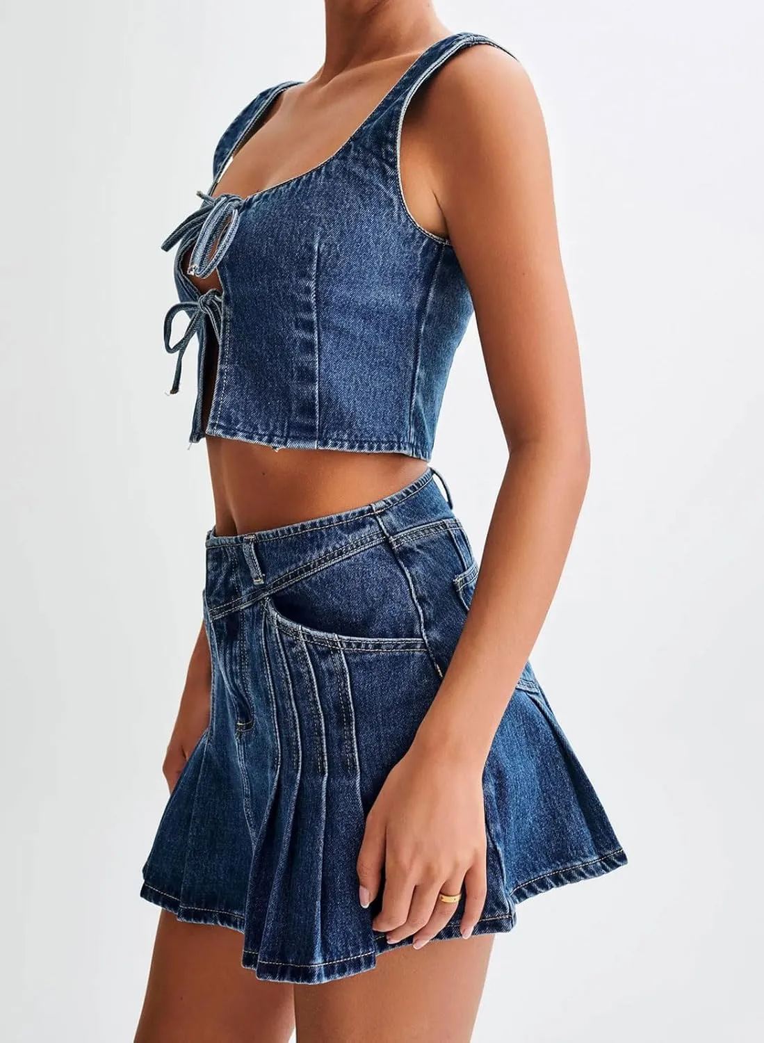 loveimgs Women Sexy 2 Piece Denim Skirt Set Summer Sleeveless Tie Front Denim Vest Tank Crop Top Pleated Mini Jean Skirt