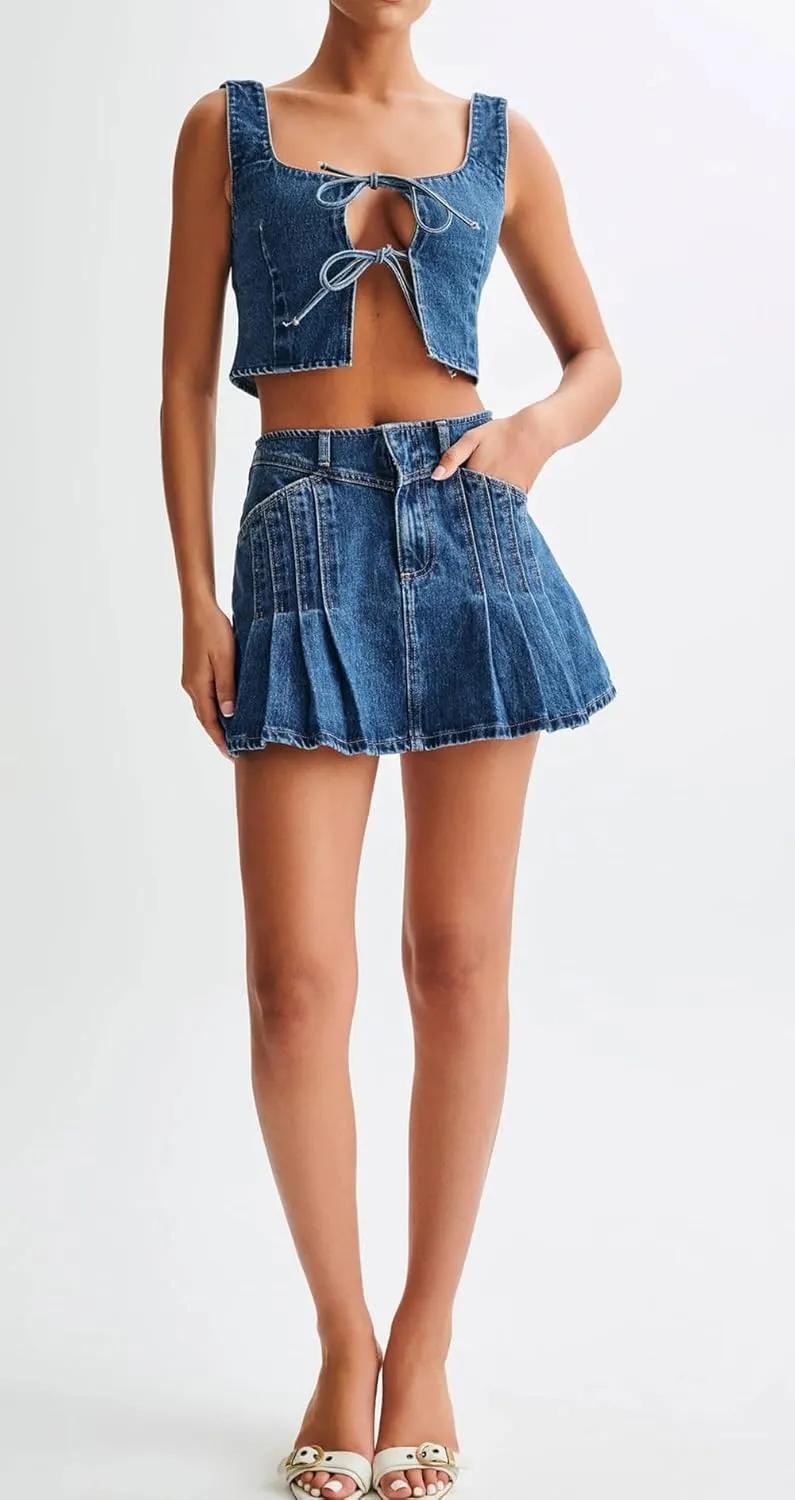 loveimgs Women Sexy 2 Piece Denim Skirt Set Summer Sleeveless Tie Front Denim Vest Tank Crop Top Pleated Mini Jean Skirt