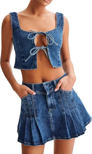 loveimgs Women Sexy 2 Piece Denim Skirt Set Summer Sleeveless Tie Front Denim Vest Tank Crop Top Pleated Mini Jean Skirt