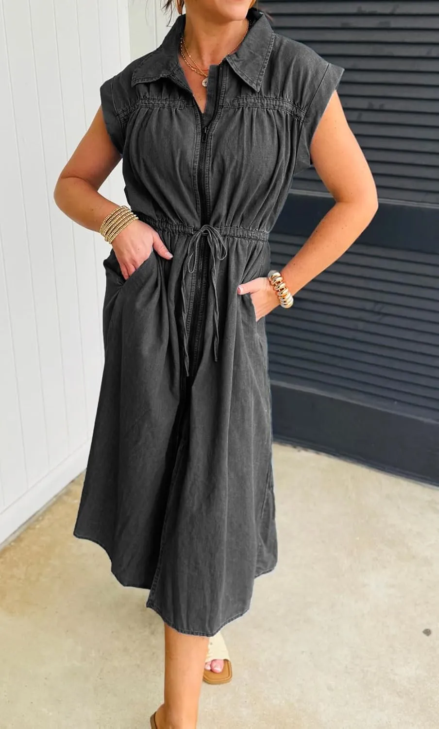 loveimgs Women Summer Cap Sleeve Denim Midi Dress Long Jean Tunic Shirt Dress Zip Up Pleated A Line Dress Drawstring