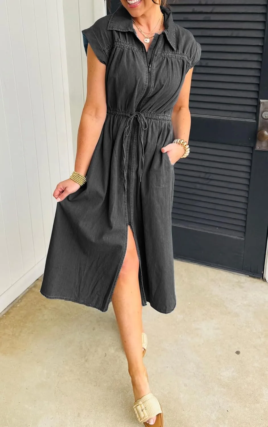loveimgs Women Summer Cap Sleeve Denim Midi Dress Long Jean Tunic Shirt Dress Zip Up Pleated A Line Dress Drawstring