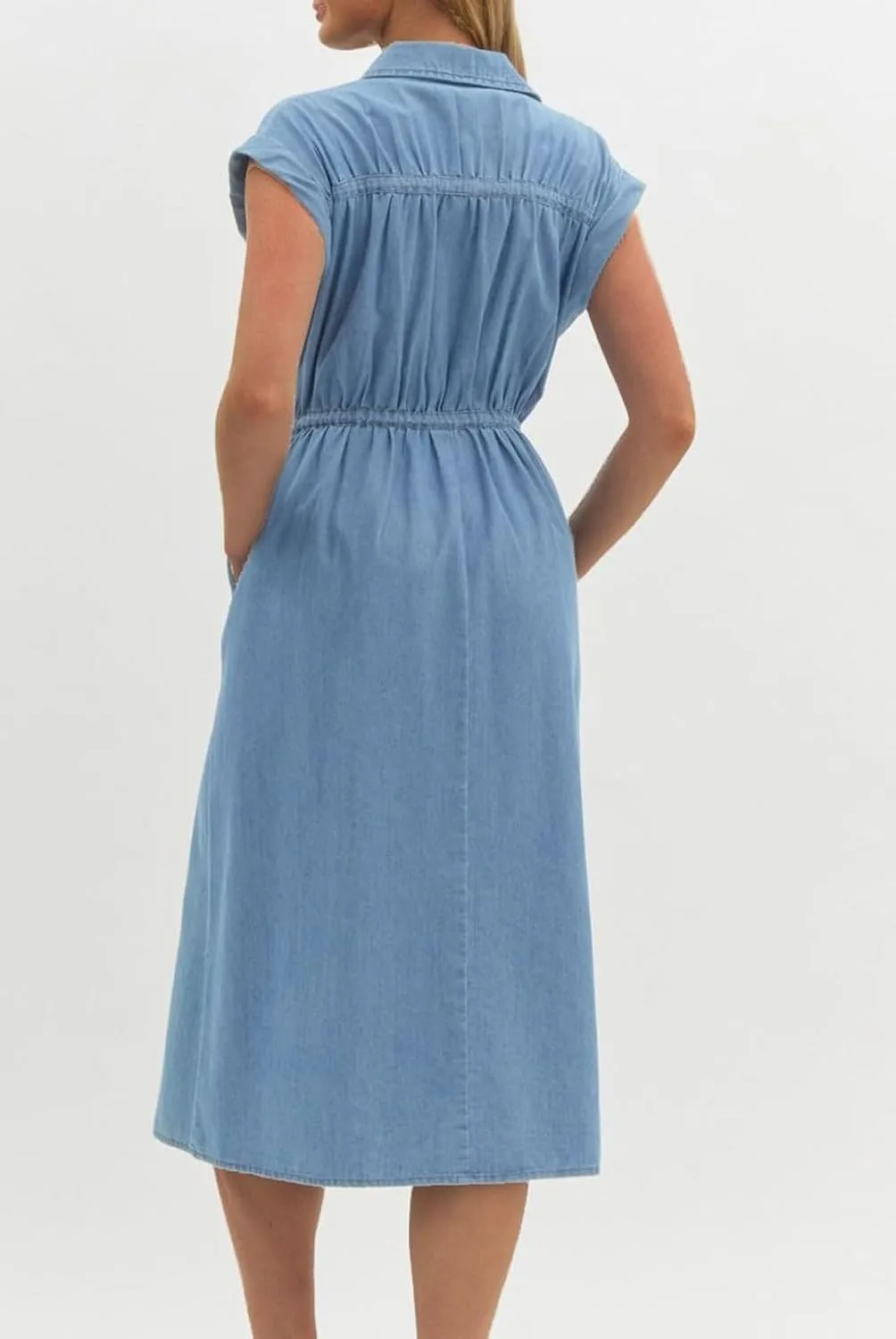 loveimgs Women Summer Cap Sleeve Denim Midi Dress Long Jean Tunic Shirt Dress Zip Up Pleated A Line Dress Drawstring