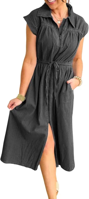 loveimgs Women Summer Cap Sleeve Denim Midi Dress Long Jean Tunic Shirt Dress Zip Up Pleated A Line Dress Drawstring