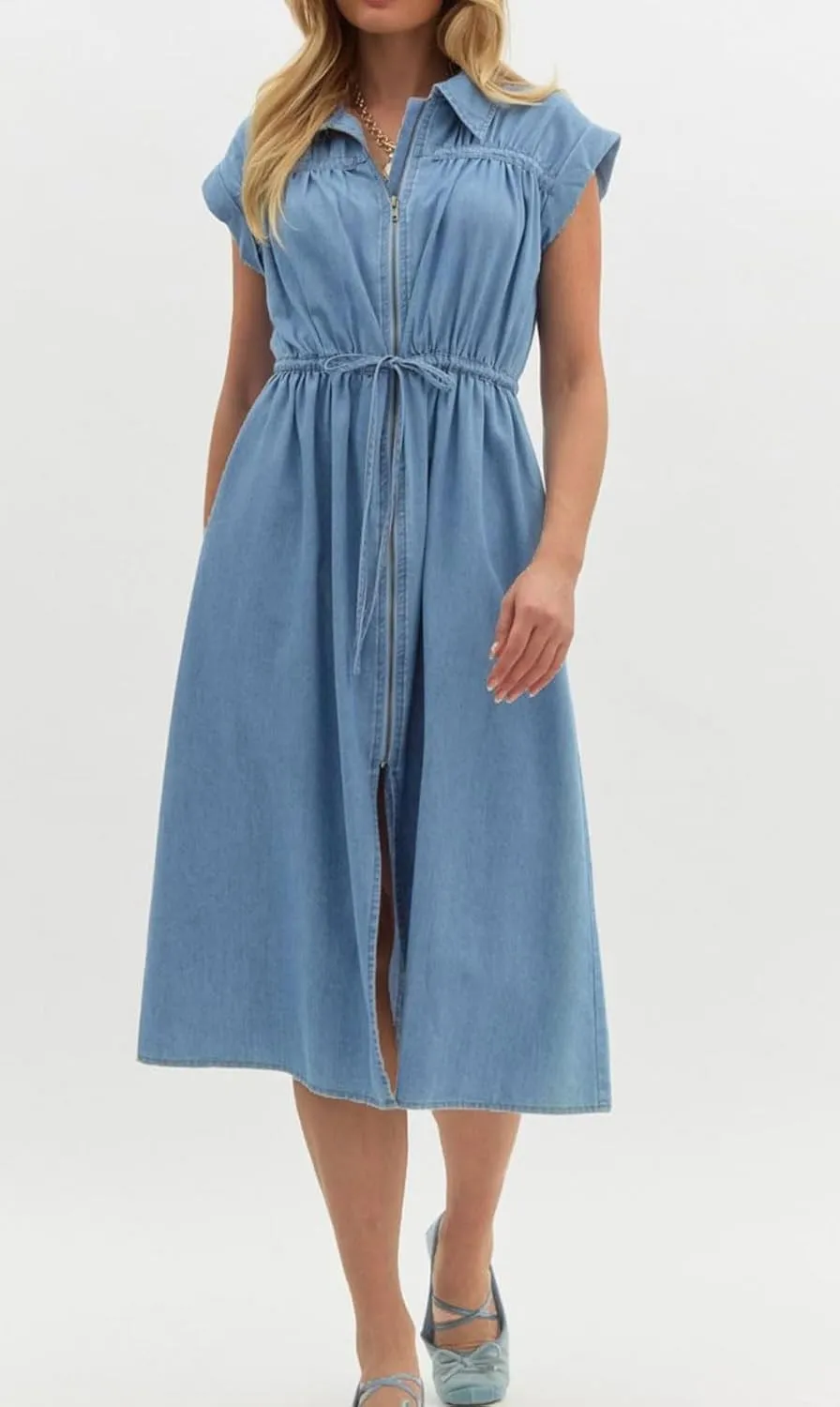 loveimgs Women Summer Cap Sleeve Denim Midi Dress Long Jean Tunic Shirt Dress Zip Up Pleated A Line Dress Drawstring