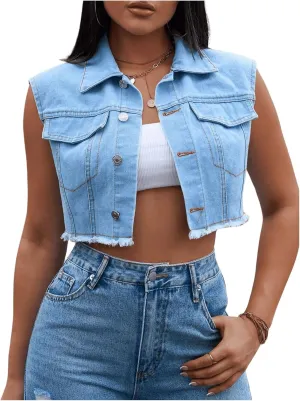 MakeMeChic Women's Denim Vest Sleeveless Button Down Raw Hem Denim Jacket Jean Vest
