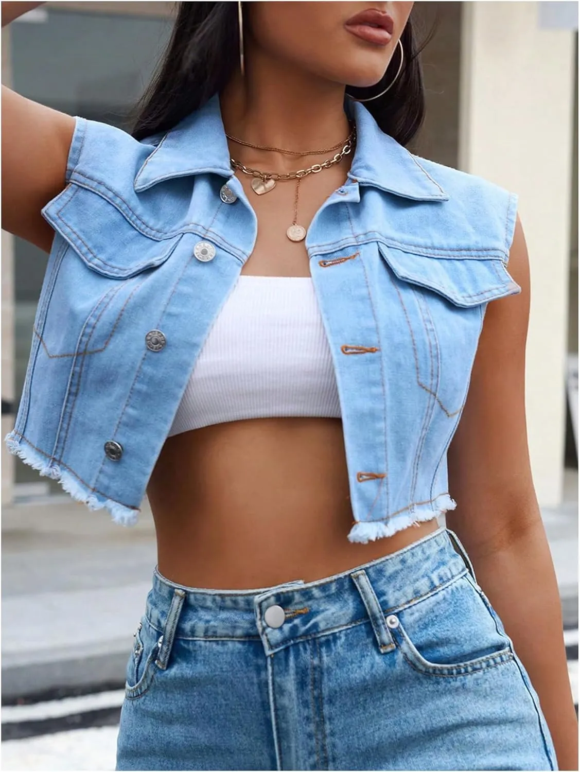 MakeMeChic Women's Denim Vest Sleeveless Button Down Raw Hem Denim Jacket Jean Vest