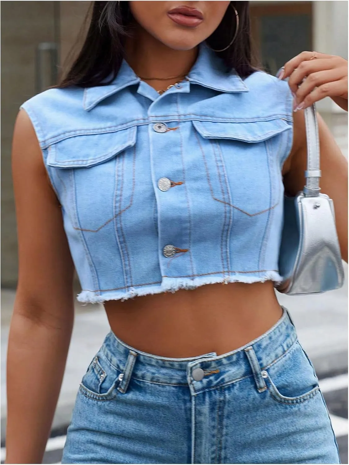 MakeMeChic Women's Denim Vest Sleeveless Button Down Raw Hem Denim Jacket Jean Vest