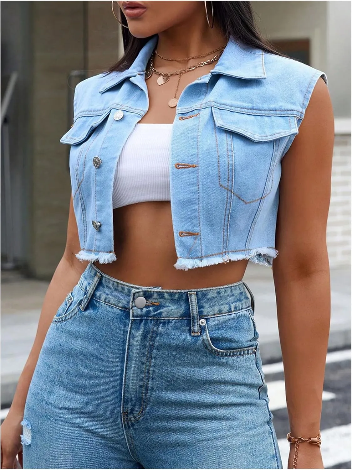 MakeMeChic Women's Denim Vest Sleeveless Button Down Raw Hem Denim Jacket Jean Vest