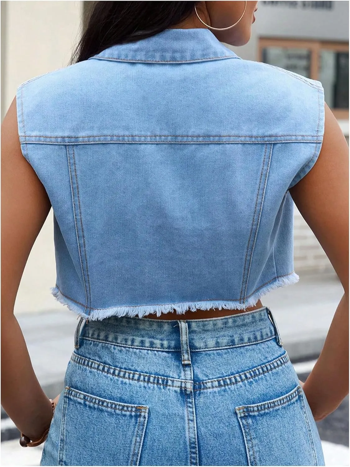 MakeMeChic Women's Denim Vest Sleeveless Button Down Raw Hem Denim Jacket Jean Vest