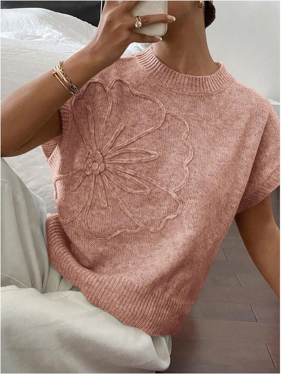 MakeMeChic Women's Floral Knitted Vest Top Sleeveless Pullover Sweater Vest