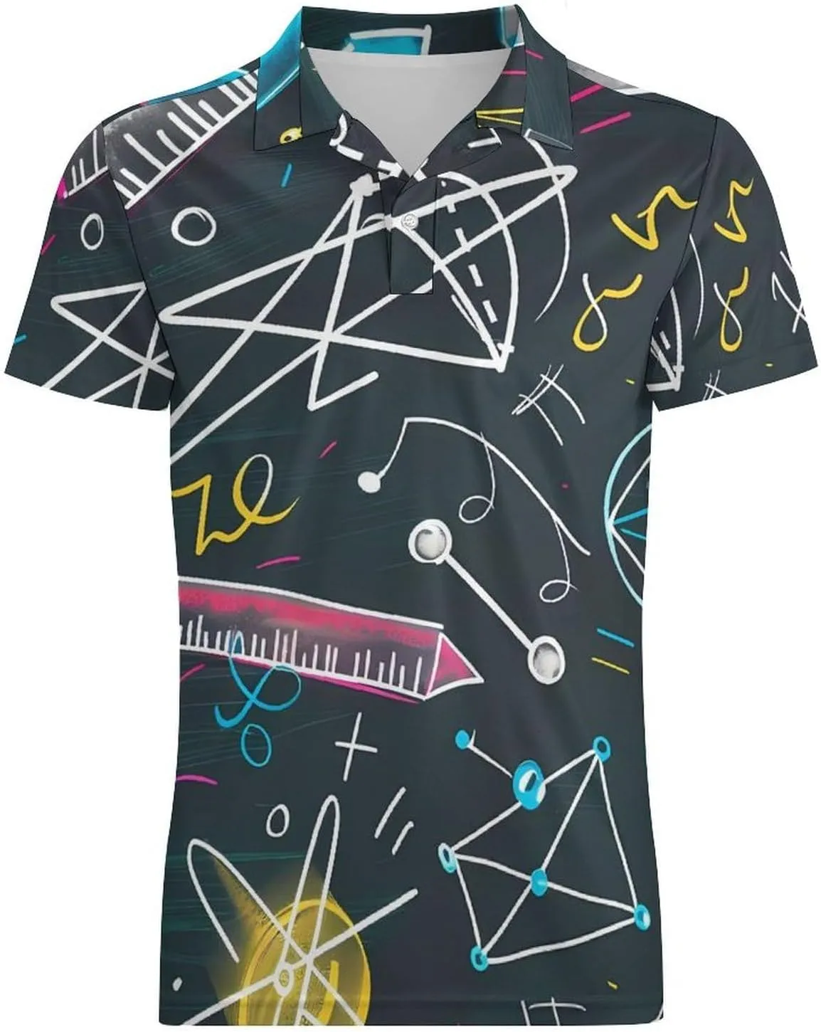 Mathematical Multicolored Formulas Men's Polo Shirt Short Sleeve Print T Shirt Slim Fit Golf Shirt Collared Tee Casual Top