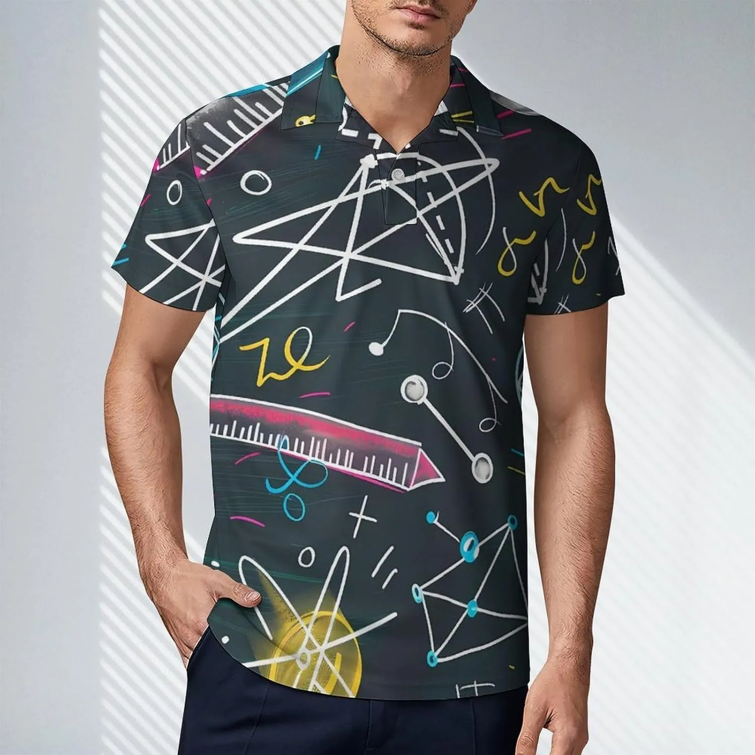 Mathematical Multicolored Formulas Men's Polo Shirt Short Sleeve Print T Shirt Slim Fit Golf Shirt Collared Tee Casual Top