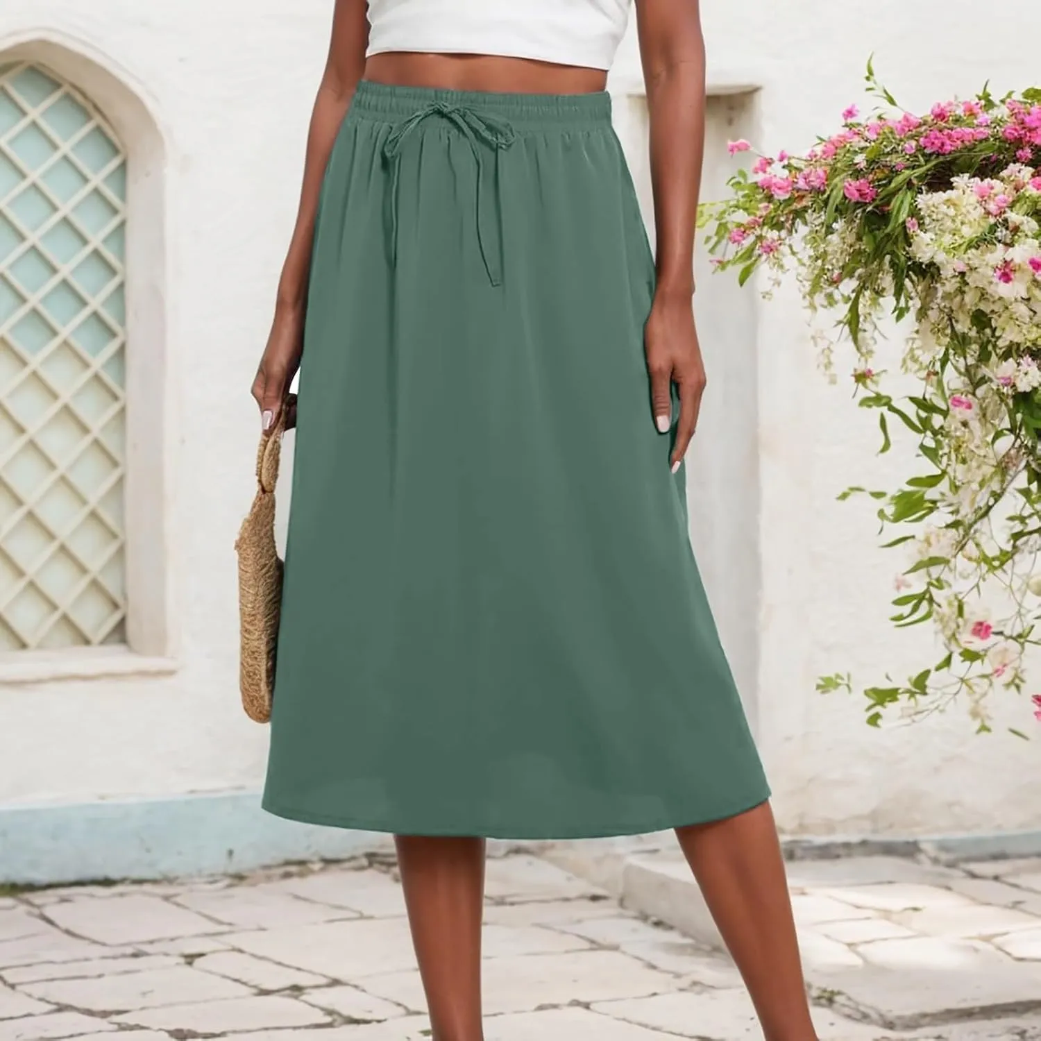 Maxi Skirts for Women 2025 Elegant Boho Pleated Skirt Elastic High Waisted Casual Summer Pockets A Line Dresses Outfits