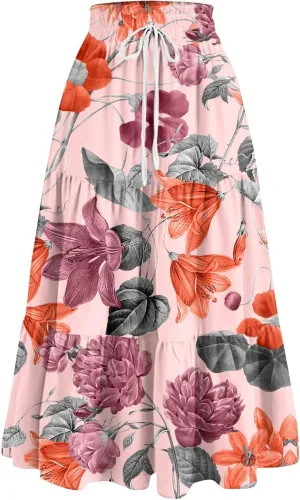 Maxi Skirts for Women Summer Boho Floral High Waisted Skirts Flowy Swing Pleated A-Line Beach Tiered Long Skirts