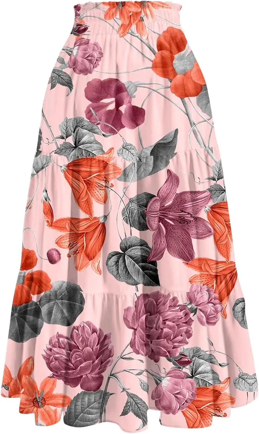 Maxi Skirts for Women Summer Boho Floral High Waisted Skirts Flowy Swing Pleated A-Line Beach Tiered Long Skirts