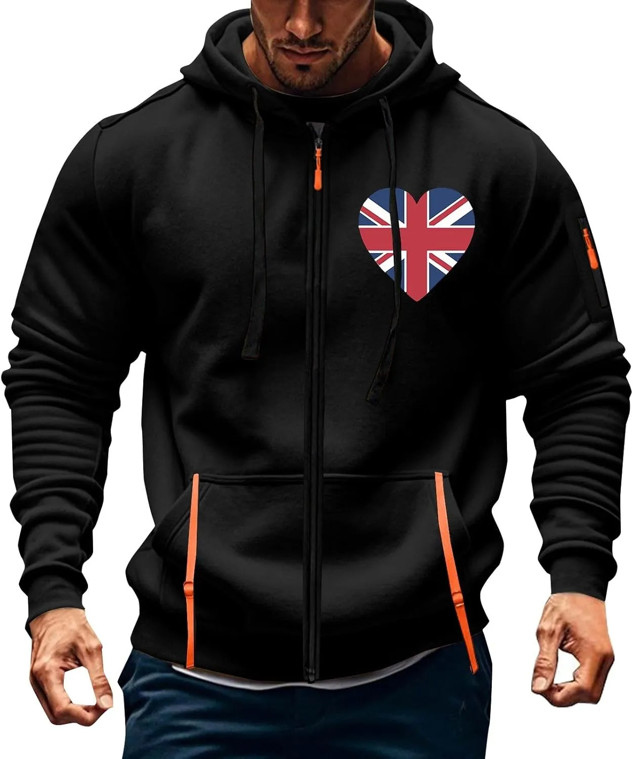 Men Casual Hoodies with Zip Pockets American Flag Print Full Zip Long Sleeve Sweatshirt Sports Hooded Jacket