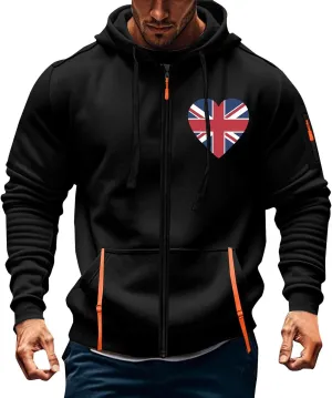 Men Casual Hoodies with Zip Pockets American Flag Print Full Zip Long Sleeve Sweatshirt Sports Hooded Jacket