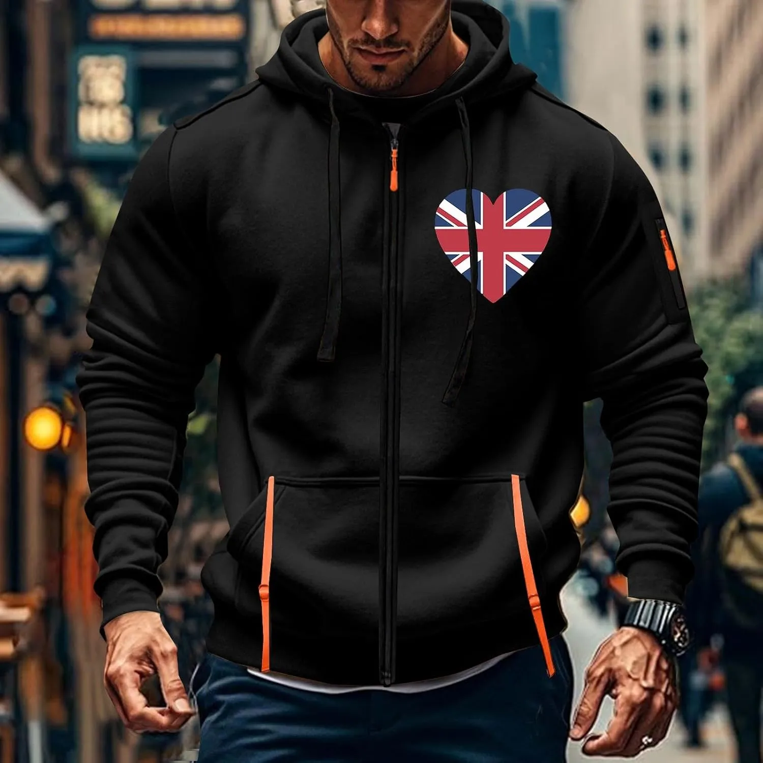 Men Casual Hoodies with Zip Pockets American Flag Print Full Zip Long Sleeve Sweatshirt Sports Hooded Jacket