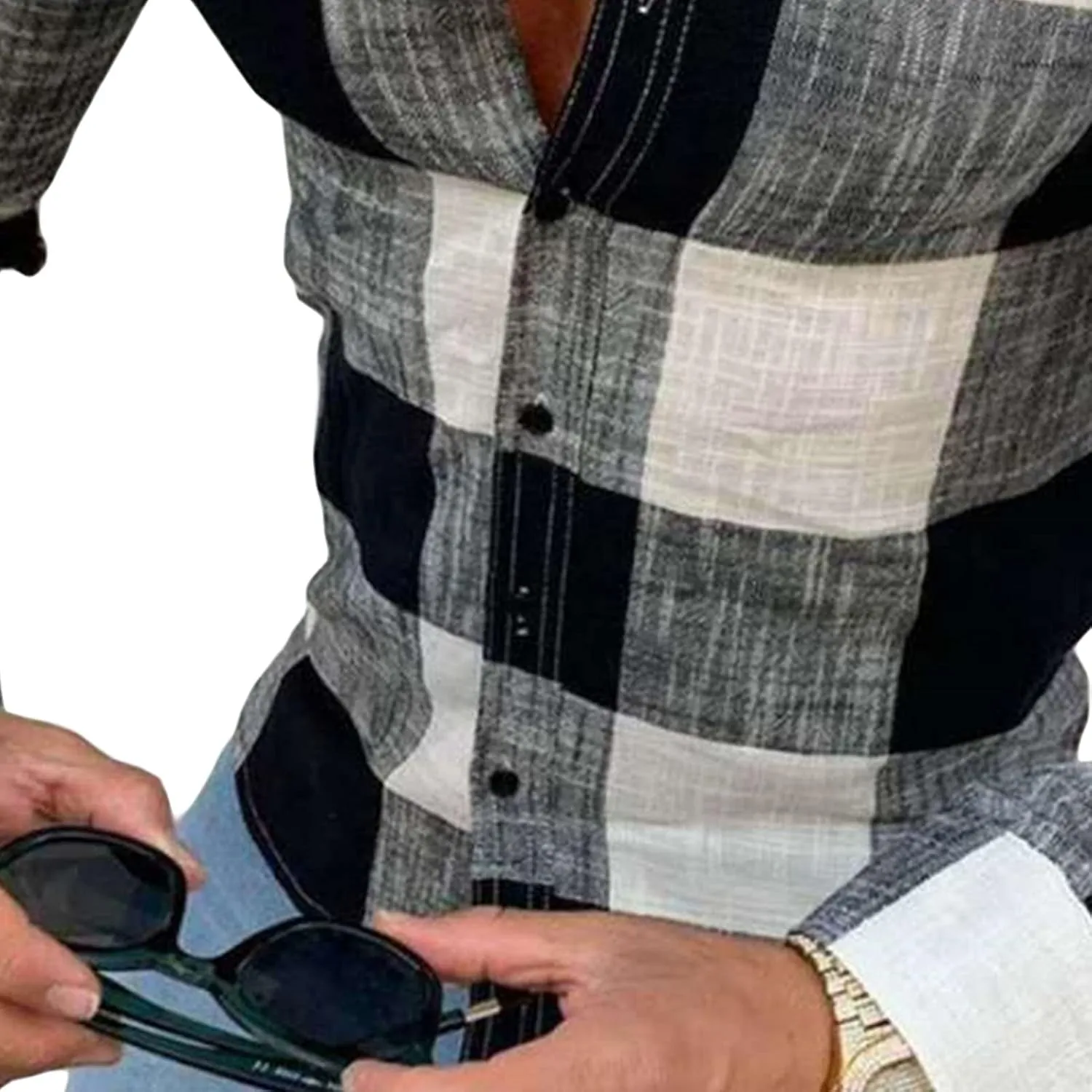 Men Collarless Plaid Long Sleeve Casual Shirt Business Dress Shirt Slim Fit Linen Beach Shirt Band-Collar Shirt